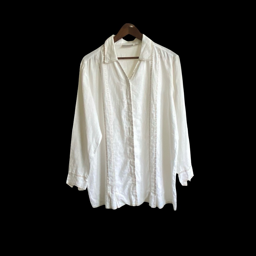 Nordstrom White Linen Embroidered Long Sleeve Concealed Buttons Tunic Blouse L